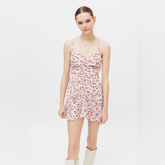 Urban Outfitters Floral Dotted Cinched Ruffle Mini Slip Dress White/Red Size M - Picture 1 of 13